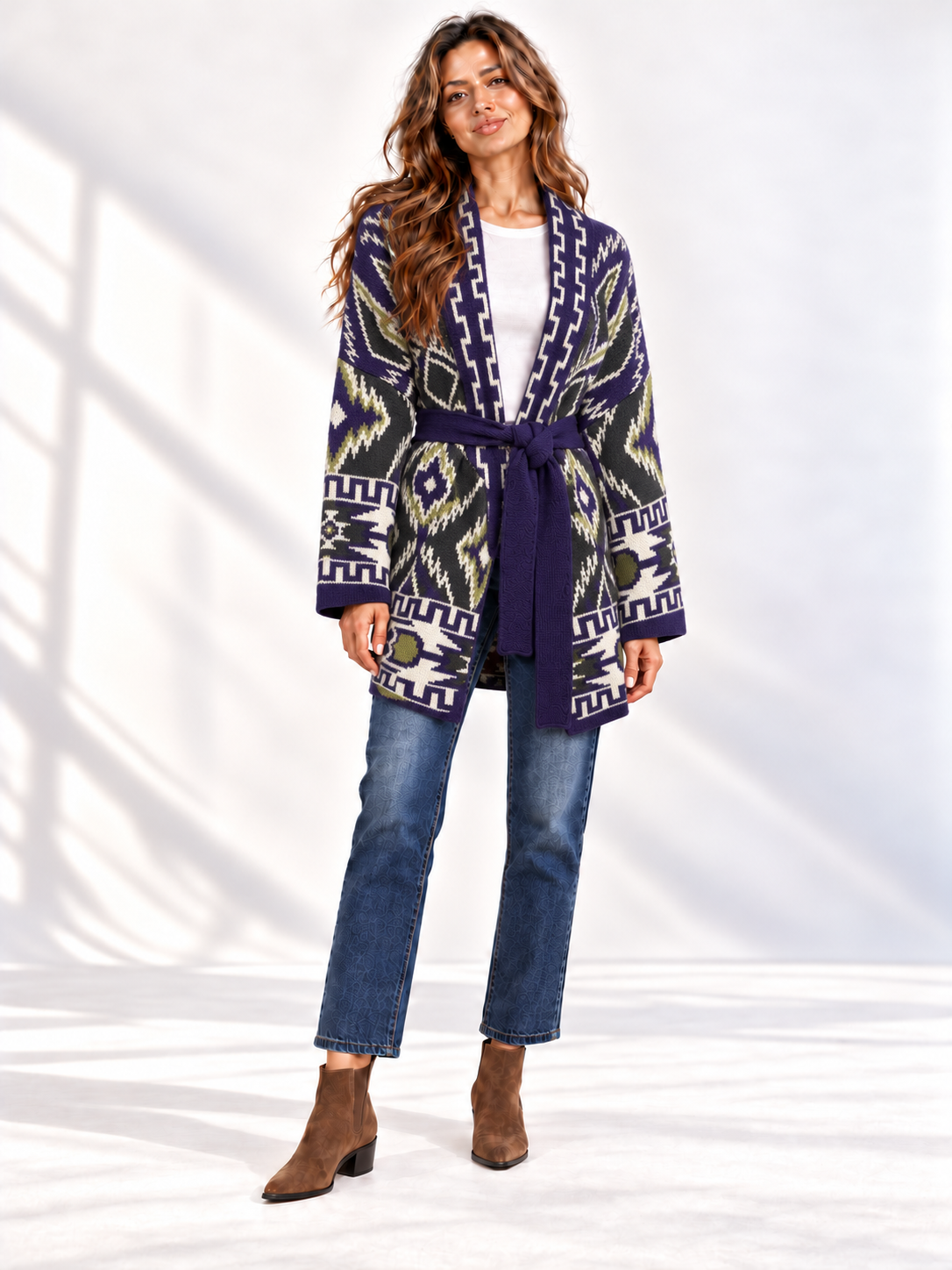 Cardigan Armoire jacquard viola con cintura