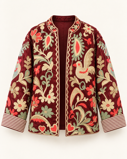 Giacca donna ricamata bordeaux in cotone