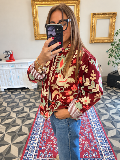 Giacca donna ricamata bordeaux in cotone