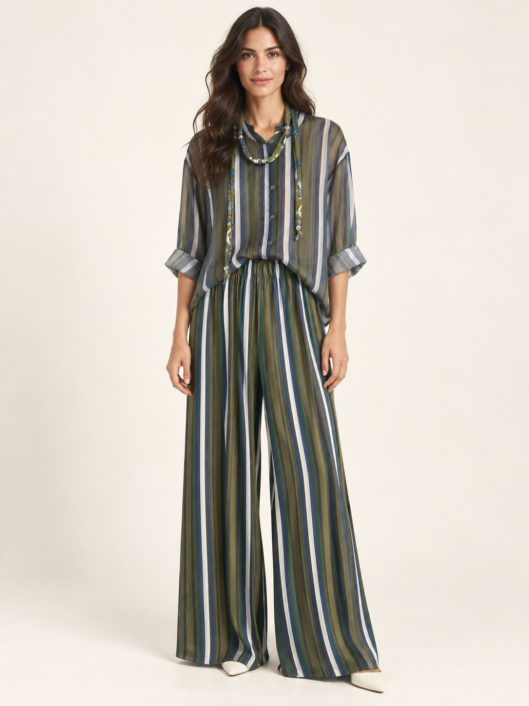 Pantalone palazzo a righe – blu, panna e verde