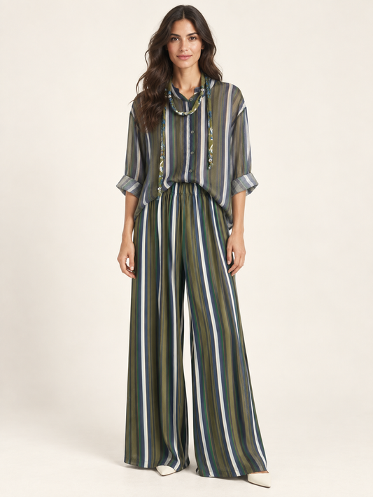 Pantalone palazzo a righe – blu, panna e verde