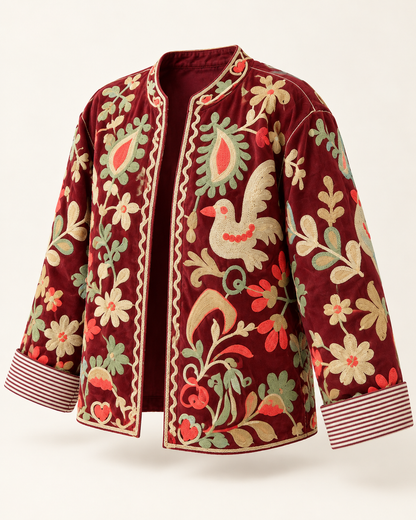 Giacca donna ricamata bordeaux in cotone