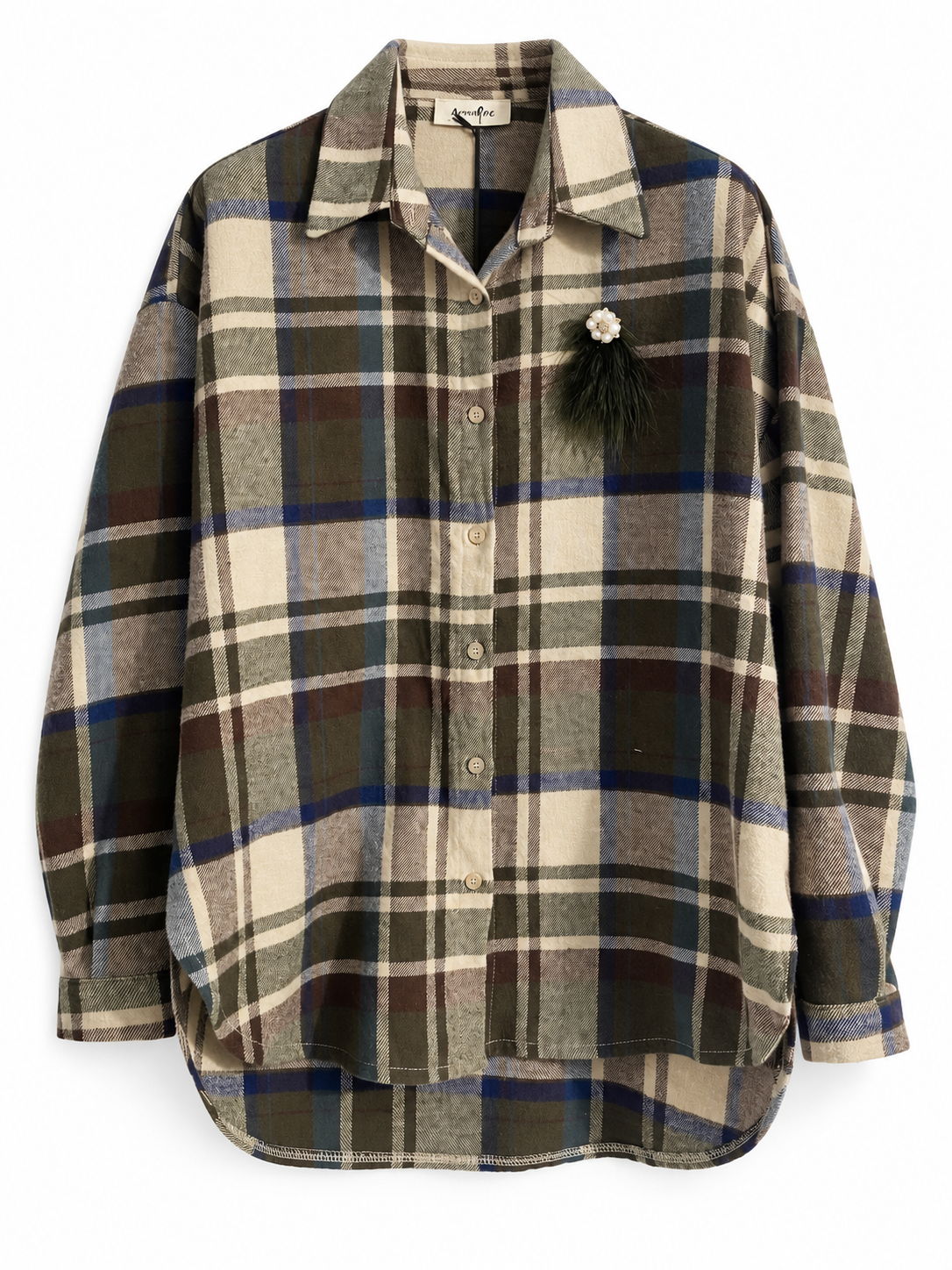 Camicia donna tartan verde oliva e panna con spilla rimovibile
