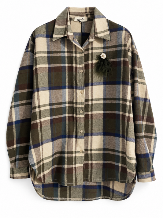 Camicia donna tartan verde oliva e panna con spilla rimovibile