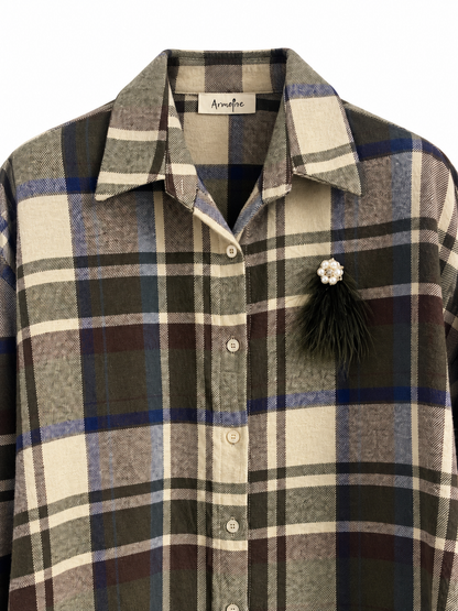 Camicia donna tartan verde oliva e panna con spilla rimovibile