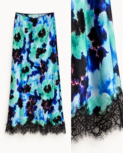 Gonna midi Peonie acquarello turchese
