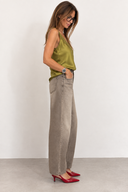 Top TENSIONE IN in Raso con Pizzo – Verde Olio