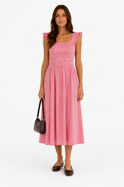 Abito lungo vichy rosso in cotone – IN1787