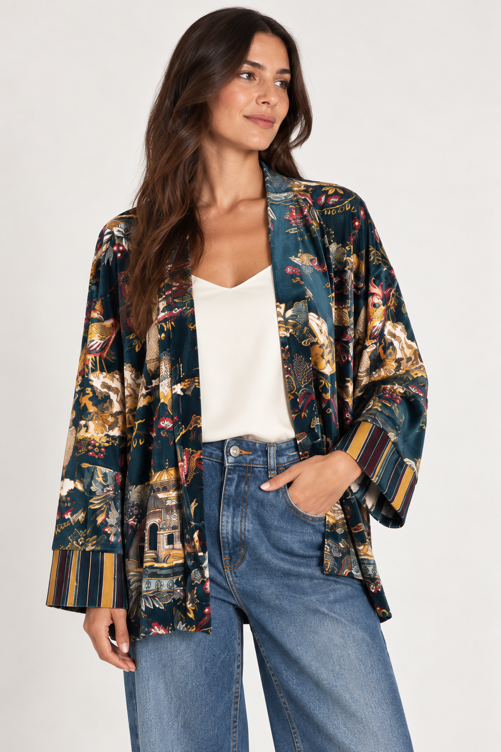 Kimono Have One in ciniglia fantasia – blu petrolio