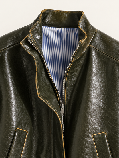 Bomber donna effetto pelle verde oliva