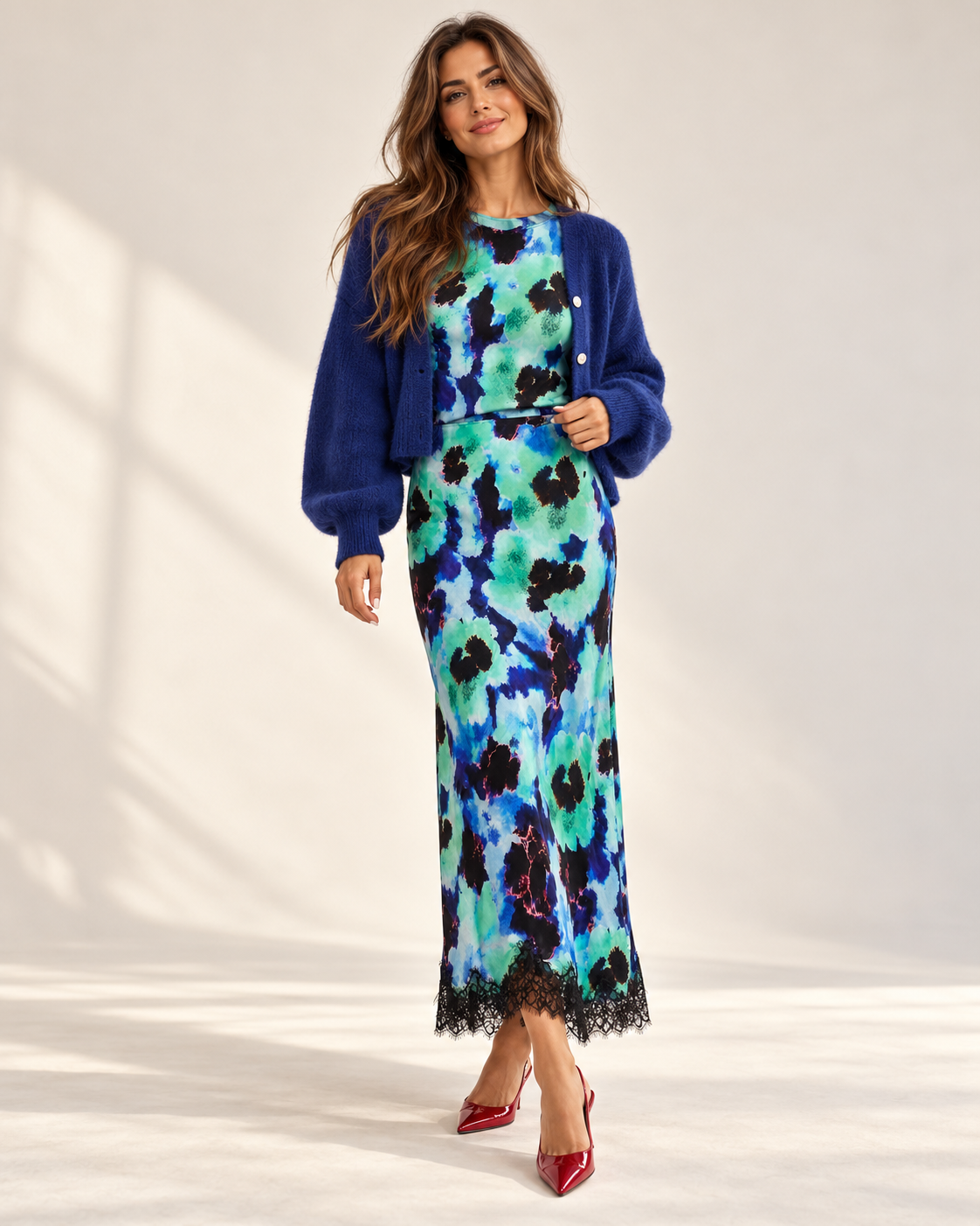 Gonna midi Peonie acquarello turchese