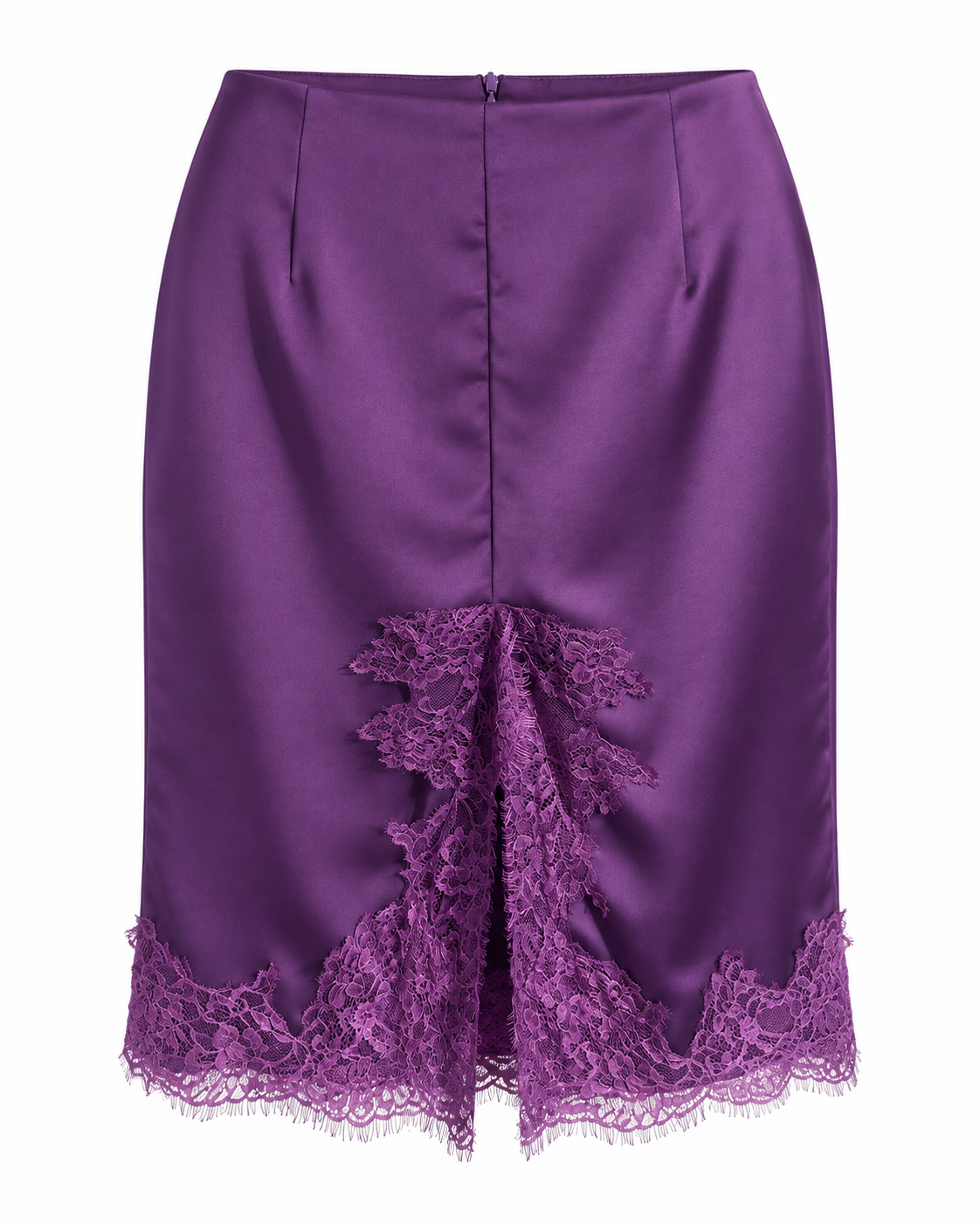 Gonna satin viola con pizzo e spacco frontale