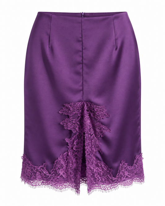 Gonna satin viola con pizzo e spacco frontale
