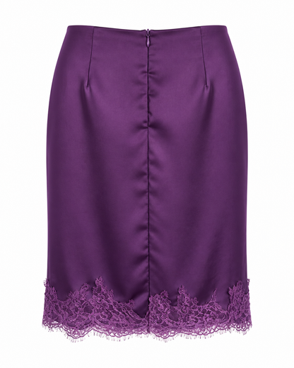 Gonna satin viola con pizzo e spacco frontale