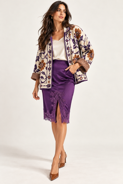 Gonna satin viola con pizzo e spacco frontale