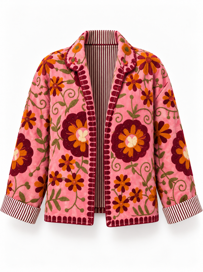 Giacca donna rosa ricamata con fantasia floreale