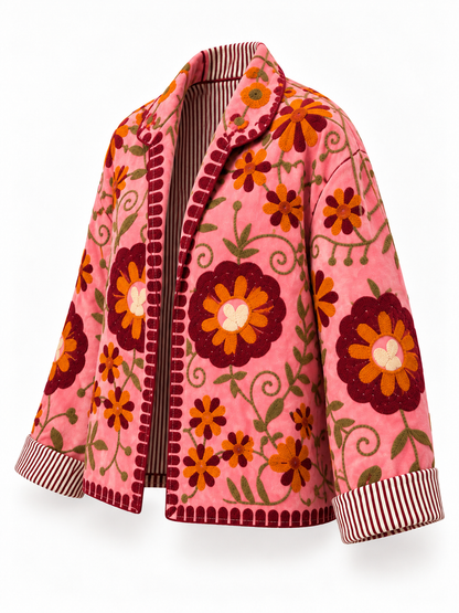 Giacca donna rosa ricamata con fantasia floreale