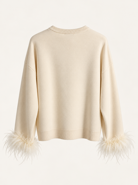 Maglia donna panna con piume ai polsi