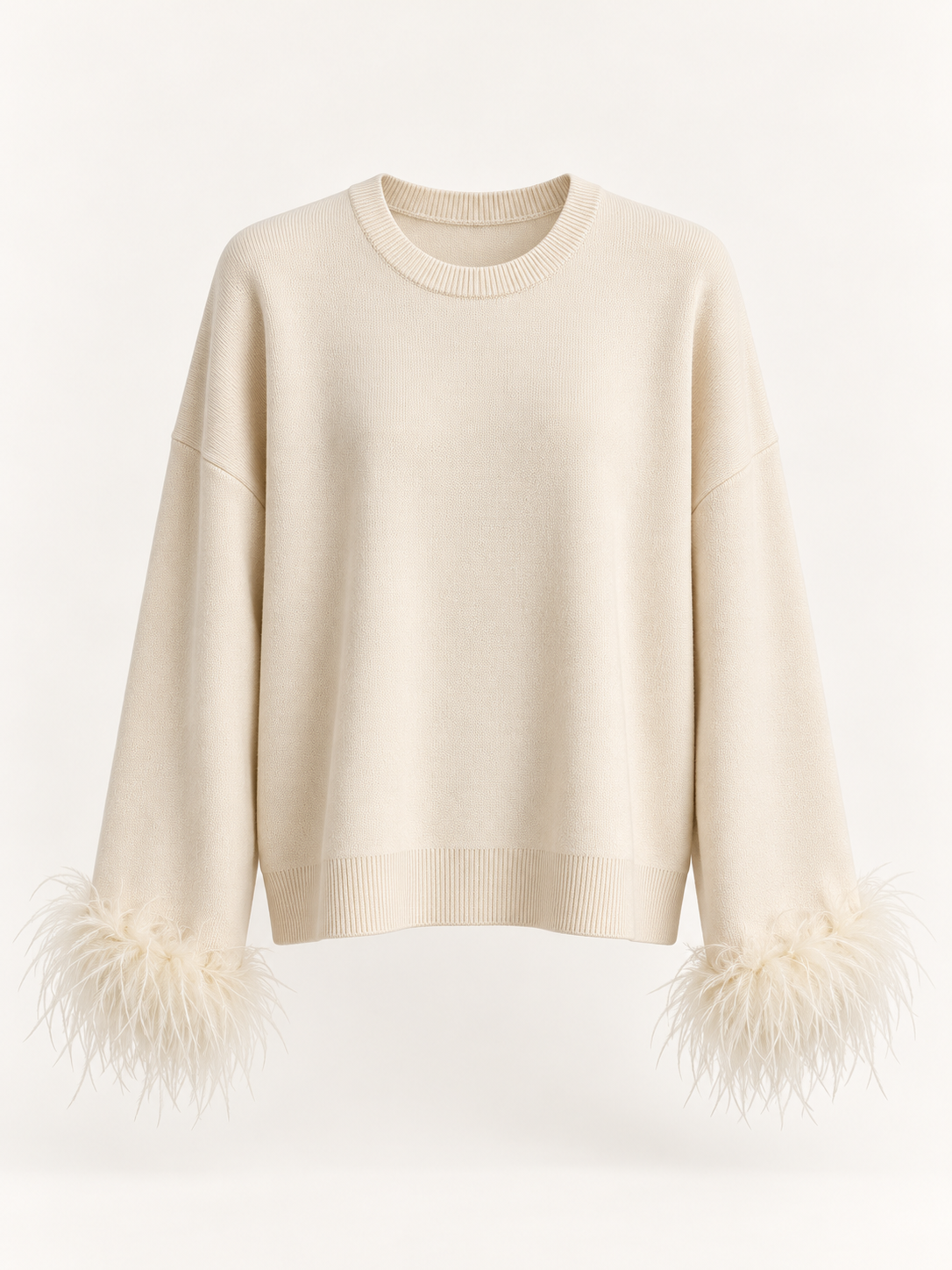Maglia donna panna con piume ai polsi
