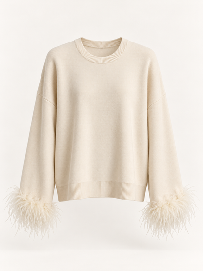 Maglia donna panna con piume ai polsi