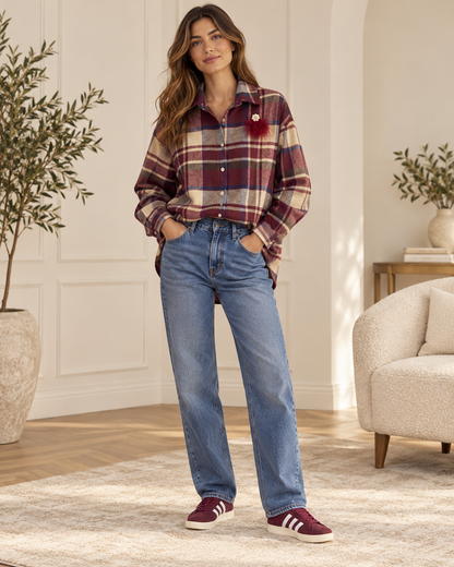 Camicia donna a quadri tartan con spilla removibile
