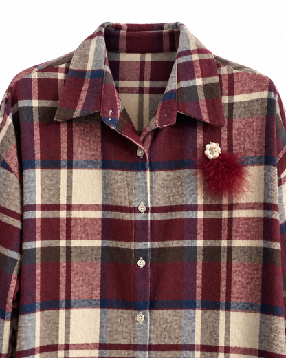 Camicia donna a quadri tartan con spilla removibile